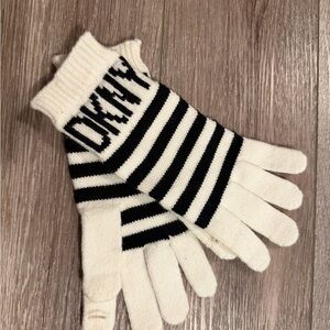 DKNY Cream and Black Striped Knit Gloves